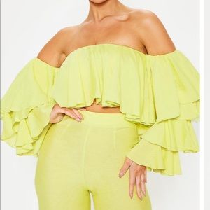 Lime Woven Bardot Tiered Sleeve Crop Top